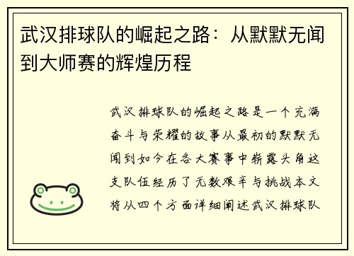 武汉排球队的崛起之路：从默默无闻到大师赛的辉煌历程
